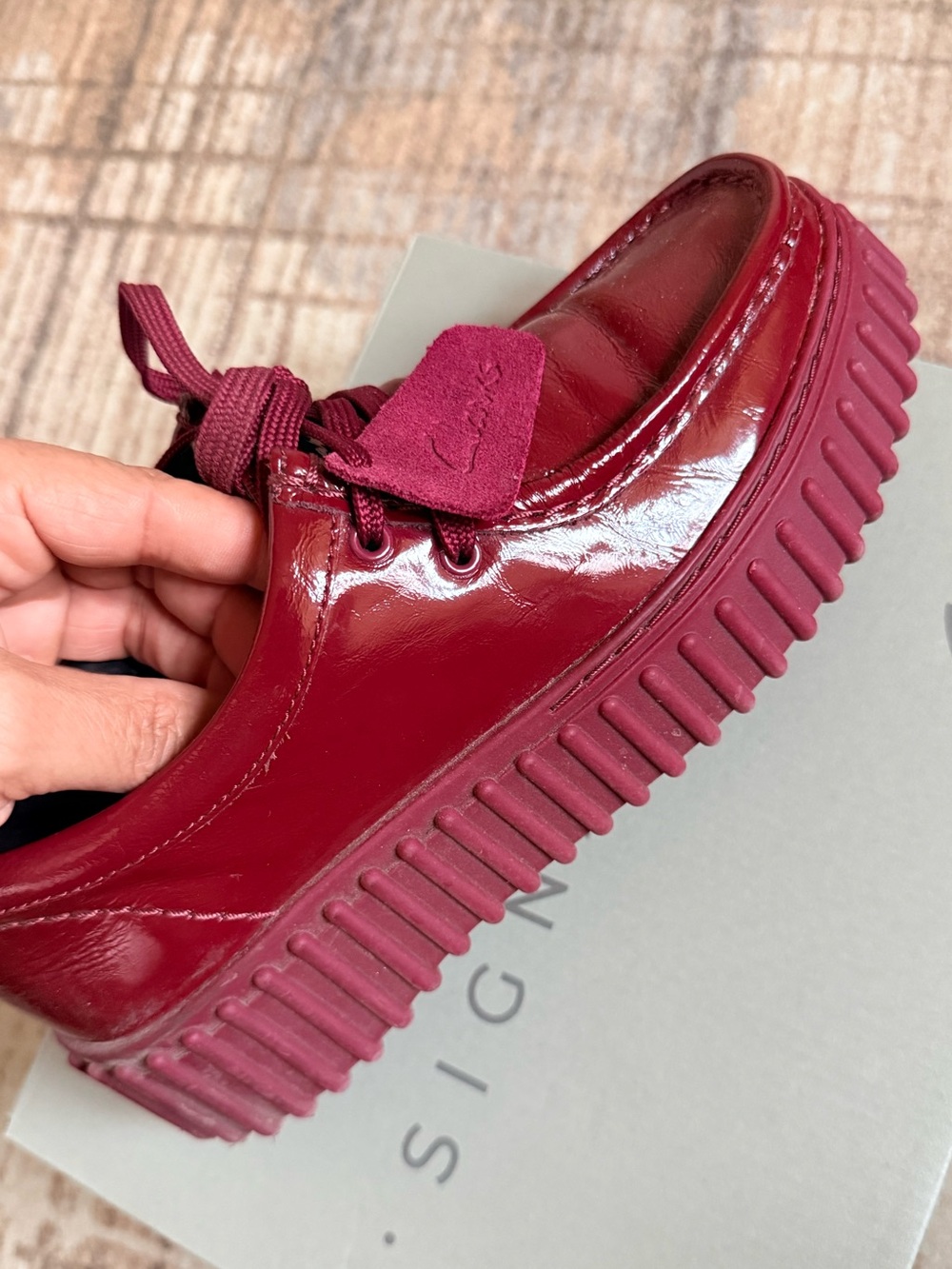 Clarks Burgundy Patent Torhill Bee Lace-Up Platform Shoe